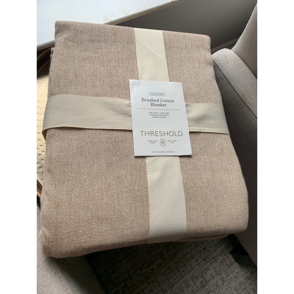 Threshold Brushed Cotton Blanket Full Queen Khaki Tan‎ 100% Cotton 90x92 NEW